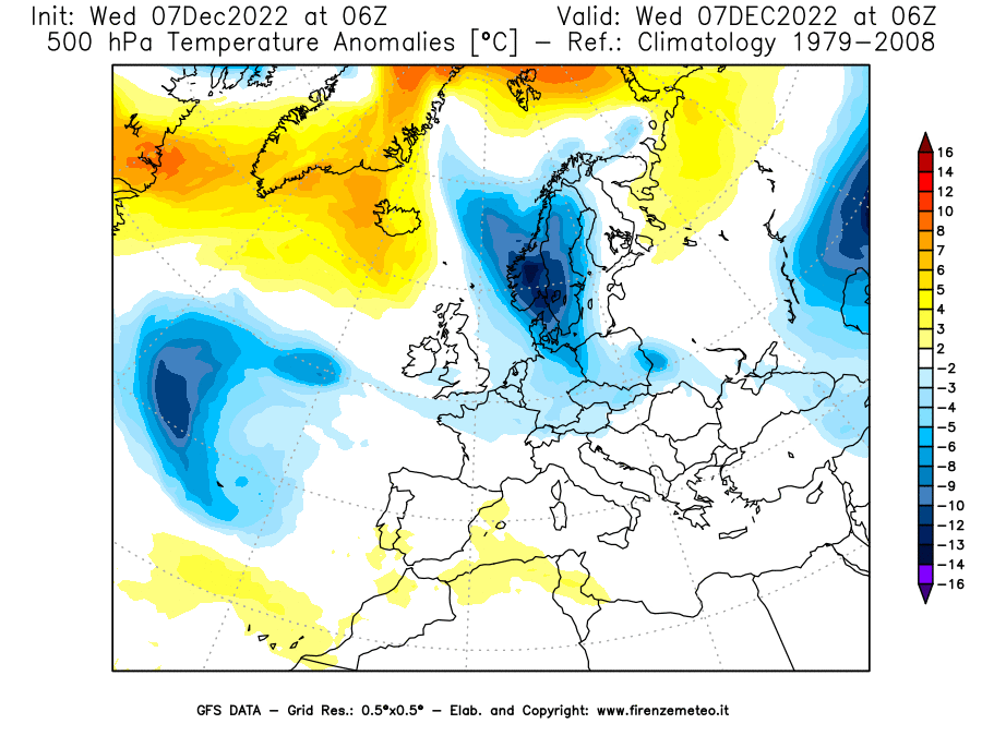 Mappa di analisi GFS - Anomalia Temperatura [°C] a 500 hPa in Europa
							del 07/12/2022 06 <!--googleoff: index-->UTC<!--googleon: index-->
