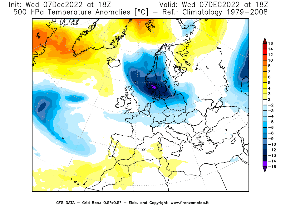 Mappa di analisi GFS - Anomalia Temperatura [°C] a 500 hPa in Europa
							del 07/12/2022 18 <!--googleoff: index-->UTC<!--googleon: index-->