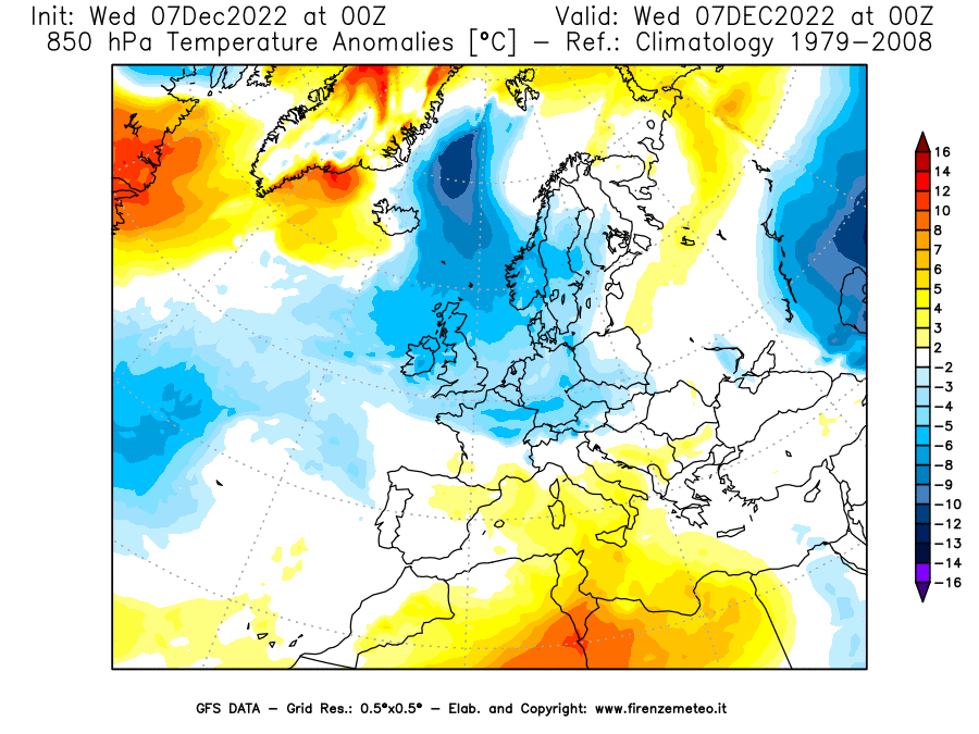 Mappa di analisi GFS - Anomalia Temperatura [°C] a 850 hPa in Europa
							del 07/12/2022 00 <!--googleoff: index-->UTC<!--googleon: index-->