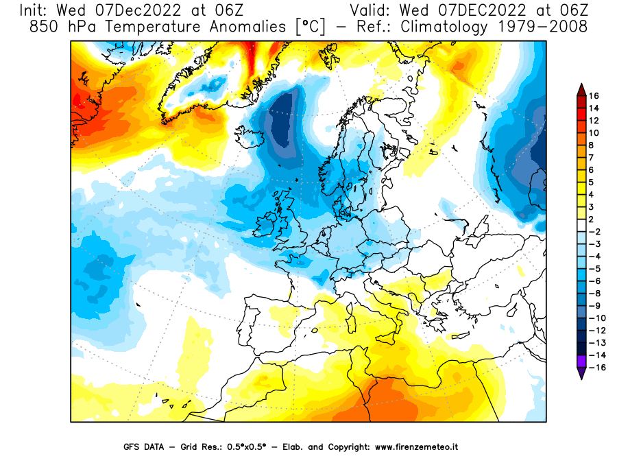 Mappa di analisi GFS - Anomalia Temperatura [°C] a 850 hPa in Europa
							del 07/12/2022 06 <!--googleoff: index-->UTC<!--googleon: index-->