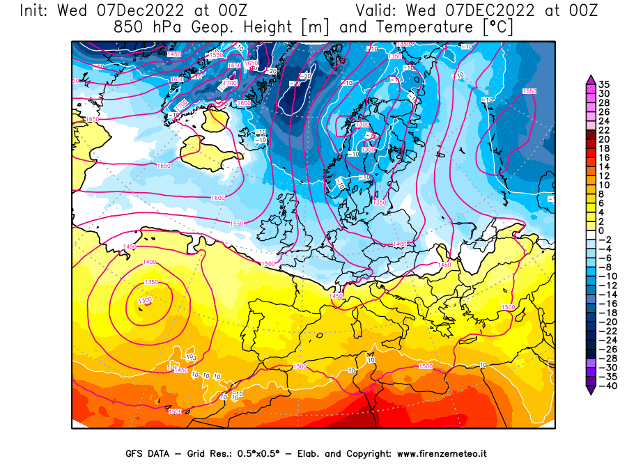 Mappa di analisi GFS - Geopotenziale [m] e Temperatura [°C] a 850 hPa in Europa
							del 07/12/2022 00 <!--googleoff: index-->UTC<!--googleon: index-->