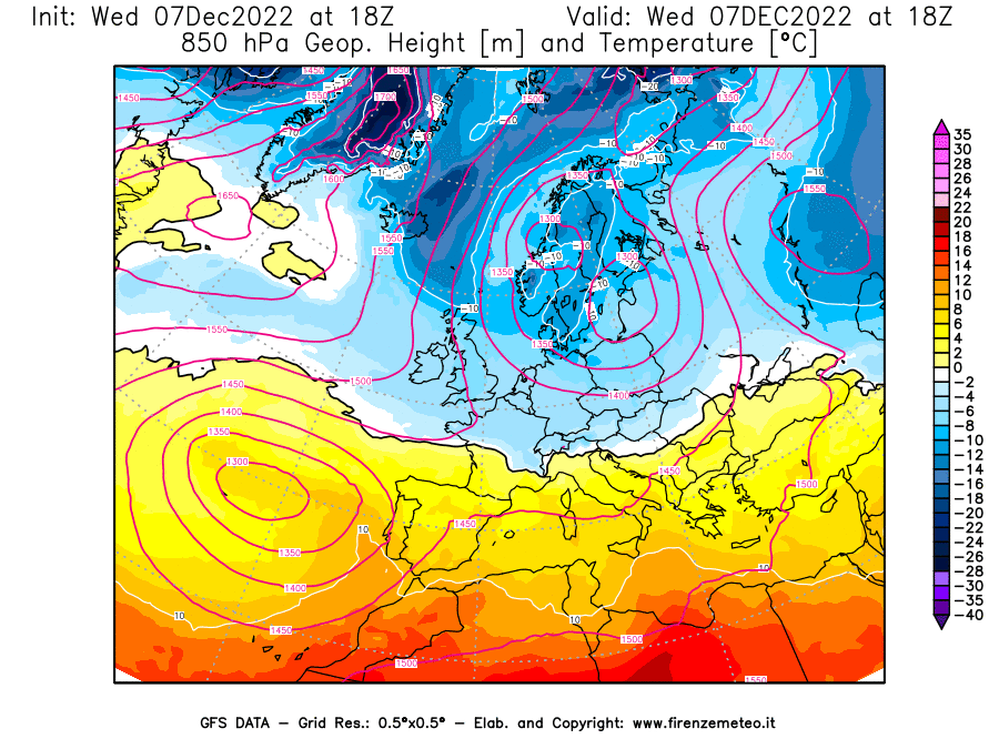Mappa di analisi GFS - Geopotenziale [m] e Temperatura [°C] a 850 hPa in Europa
							del 07/12/2022 18 <!--googleoff: index-->UTC<!--googleon: index-->