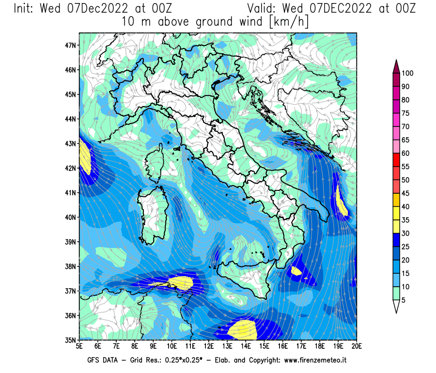 Mappa di analisi GFS - Velocità del vento a 10 metri dal suolo [km/h] in Italia
							del 07/12/2022 00 <!--googleoff: index-->UTC<!--googleon: index-->