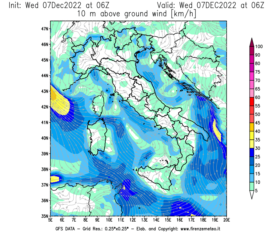 Mappa di analisi GFS - Velocità del vento a 10 metri dal suolo [km/h] in Italia
							del 07/12/2022 06 <!--googleoff: index-->UTC<!--googleon: index-->