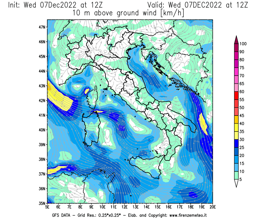 Mappa di analisi GFS - Velocità del vento a 10 metri dal suolo [km/h] in Italia
							del 07/12/2022 12 <!--googleoff: index-->UTC<!--googleon: index-->