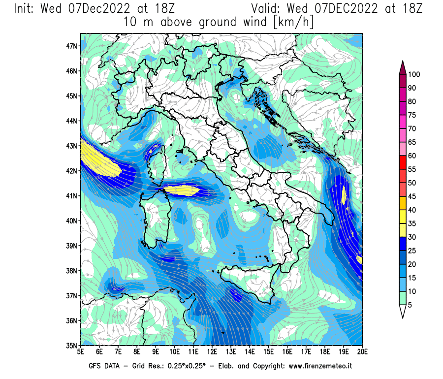 Mappa di analisi GFS - Velocità del vento a 10 metri dal suolo [km/h] in Italia
							del 07/12/2022 18 <!--googleoff: index-->UTC<!--googleon: index-->