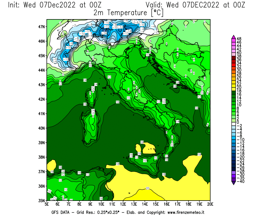 Mappa di analisi GFS - Temperatura a 2 metri dal suolo in Italia
							del 7 dicembre 2022 z00