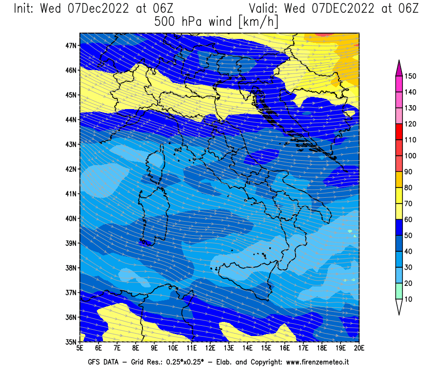 Mappa di analisi GFS - Velocità del vento a 500 hPa [km/h] in Italia
							del 07/12/2022 06 <!--googleoff: index-->UTC<!--googleon: index-->
