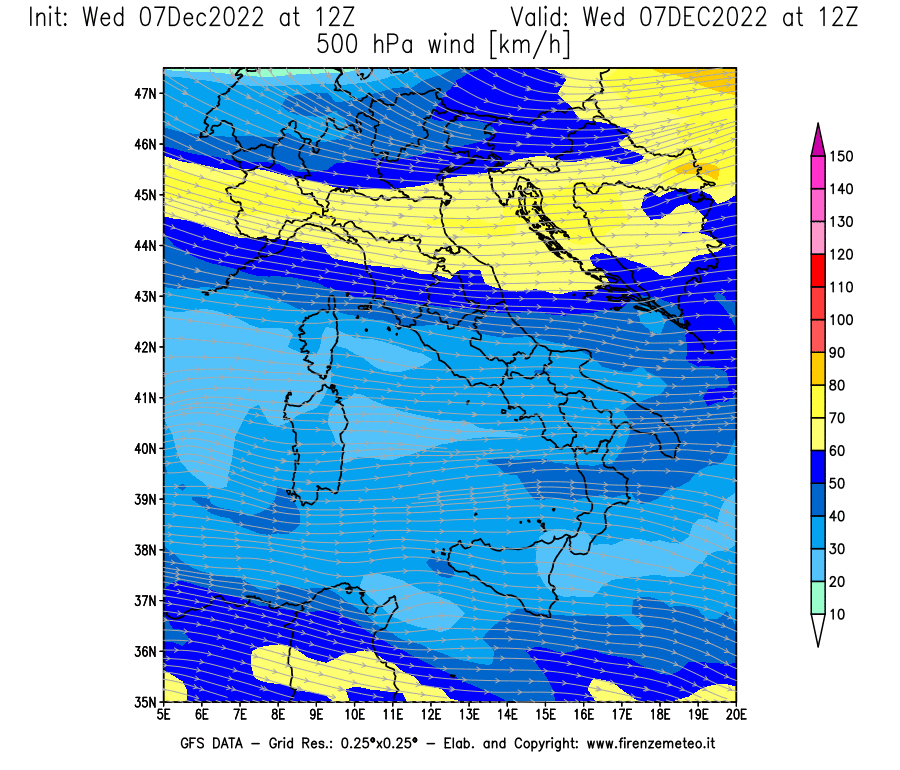 Mappa di analisi GFS - Velocità del vento a 500 hPa [km/h] in Italia
							del 07/12/2022 12 <!--googleoff: index-->UTC<!--googleon: index-->