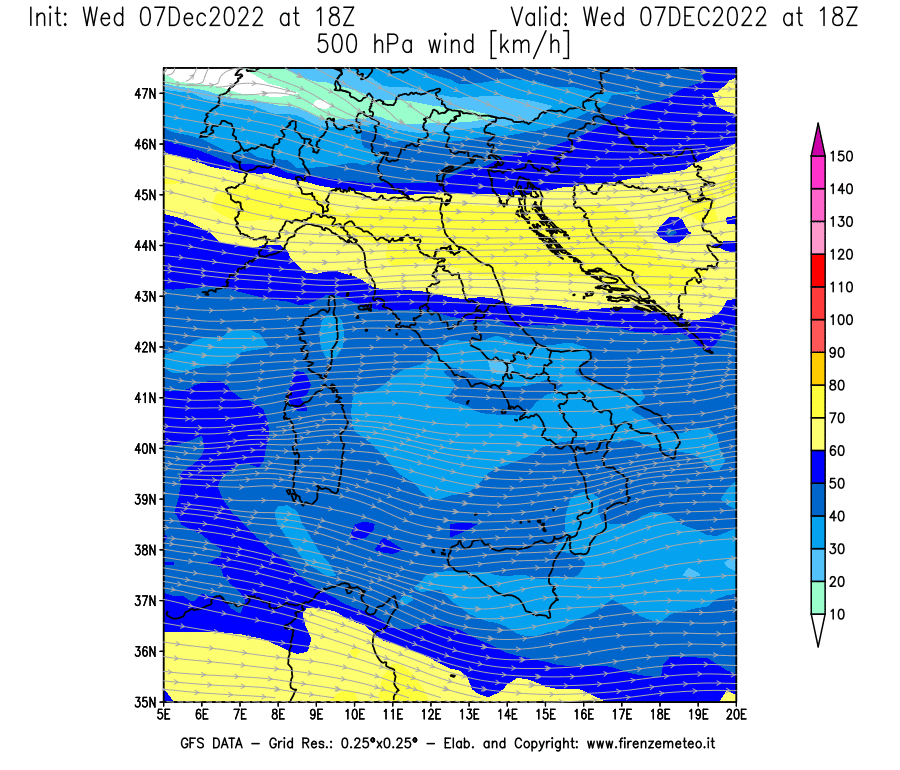 Mappa di analisi GFS - Velocità del vento a 500 hPa [km/h] in Italia
							del 07/12/2022 18 <!--googleoff: index-->UTC<!--googleon: index-->