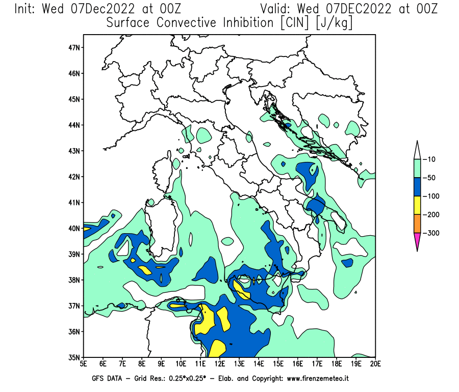 Mappa di analisi GFS - CIN [J/kg] in Italia
							del 07/12/2022 00 <!--googleoff: index-->UTC<!--googleon: index-->