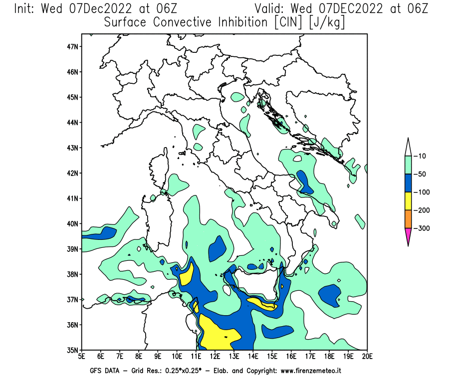 Mappa di analisi GFS - CIN [J/kg] in Italia
							del 07/12/2022 06 <!--googleoff: index-->UTC<!--googleon: index-->