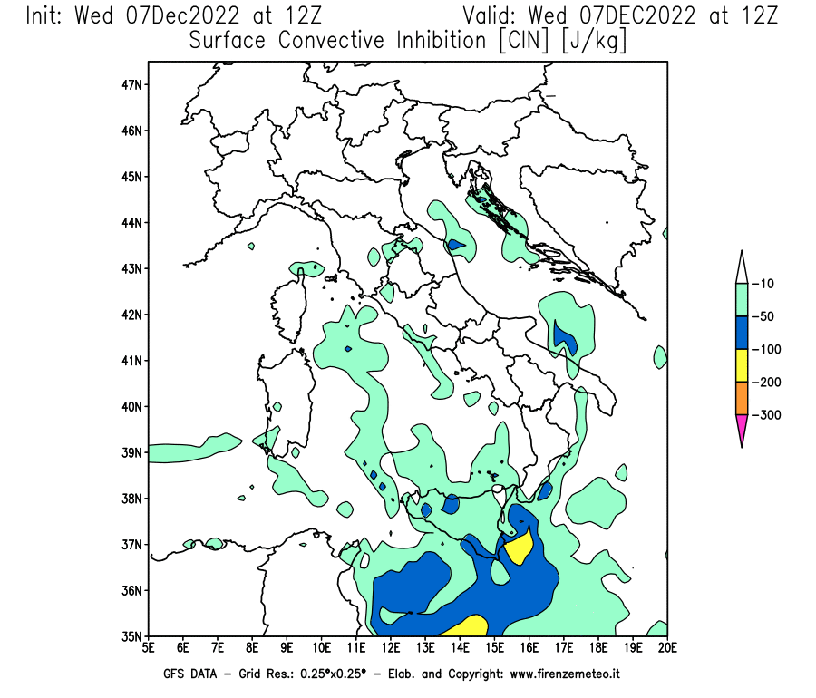 Mappa di analisi GFS - CIN [J/kg] in Italia
							del 07/12/2022 12 <!--googleoff: index-->UTC<!--googleon: index-->