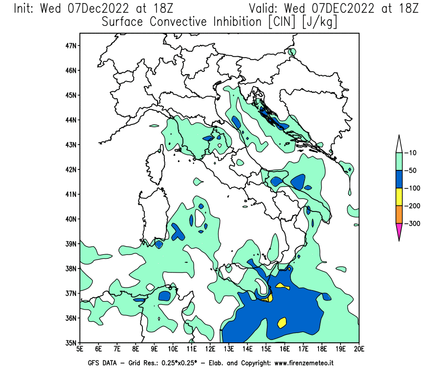 Mappa di analisi GFS - CIN [J/kg] in Italia
							del 07/12/2022 18 <!--googleoff: index-->UTC<!--googleon: index-->