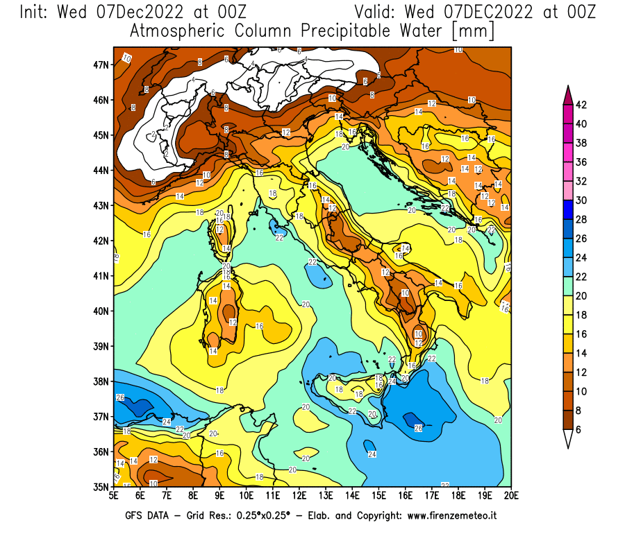 Mappa di analisi GFS - Precipitable Water [mm] in Italia
							del 07/12/2022 00 <!--googleoff: index-->UTC<!--googleon: index-->
