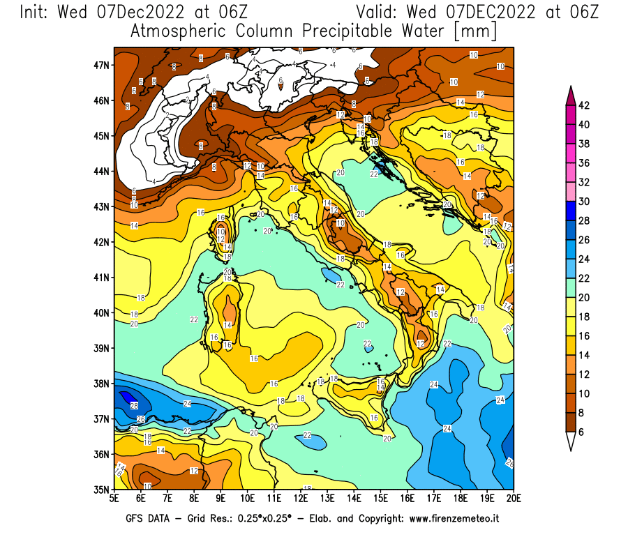 Mappa di analisi GFS - Precipitable Water [mm] in Italia
							del 07/12/2022 06 <!--googleoff: index-->UTC<!--googleon: index-->