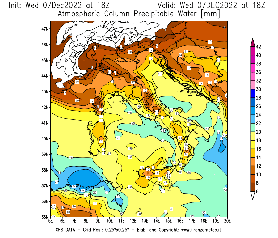 Mappa di analisi GFS - Precipitable Water [mm] in Italia
							del 07/12/2022 18 <!--googleoff: index-->UTC<!--googleon: index-->