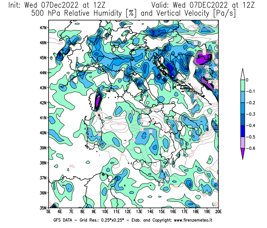 Mappa di analisi GFS - Umidità relativa [%] e Omega [Pa/s] a 500 hPa in Italia
							del 07/12/2022 12 <!--googleoff: index-->UTC<!--googleon: index-->