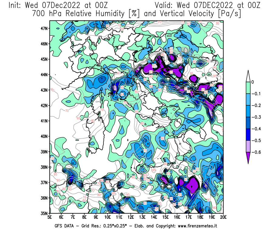 Mappa di analisi GFS - Umidità relativa [%] e Omega [Pa/s] a 700 hPa in Italia
							del 07/12/2022 00 <!--googleoff: index-->UTC<!--googleon: index-->