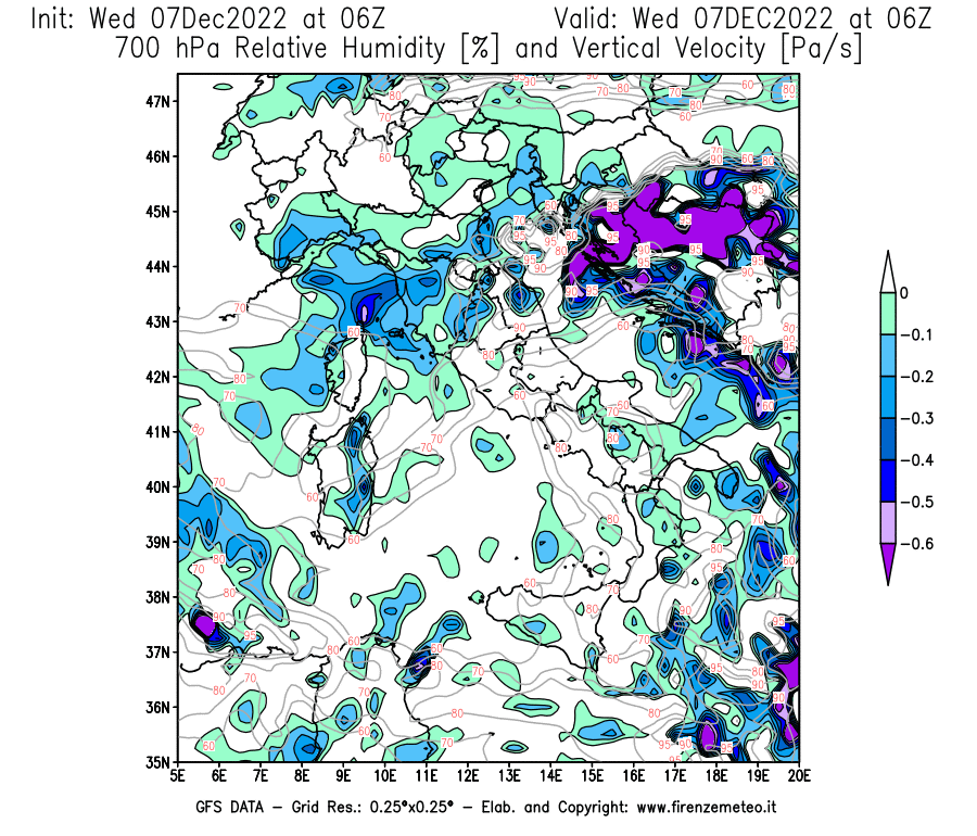 Mappa di analisi GFS - Umidità relativa [%] e Omega [Pa/s] a 700 hPa in Italia
							del 07/12/2022 06 <!--googleoff: index-->UTC<!--googleon: index-->