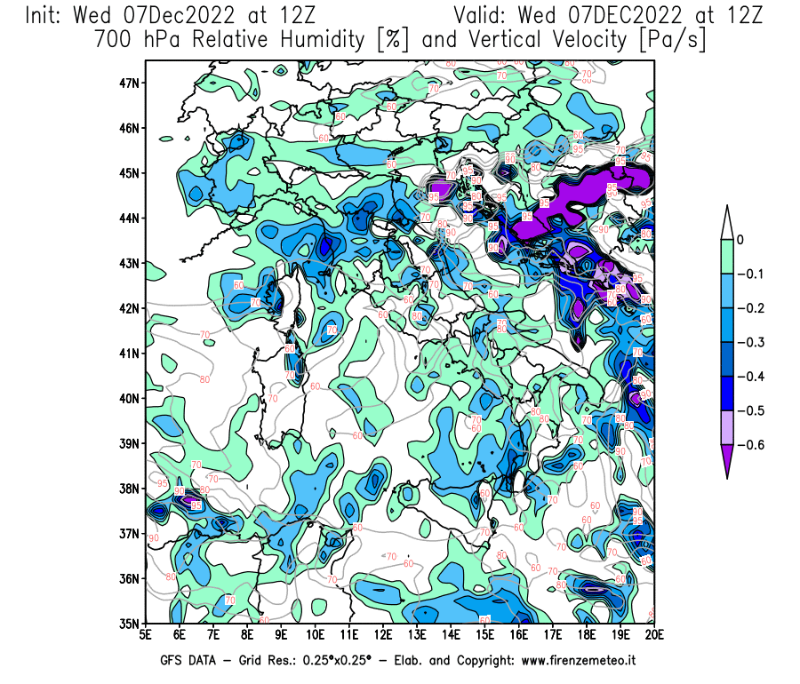 Mappa di analisi GFS - Umidità relativa [%] e Omega [Pa/s] a 700 hPa in Italia
							del 07/12/2022 12 <!--googleoff: index-->UTC<!--googleon: index-->