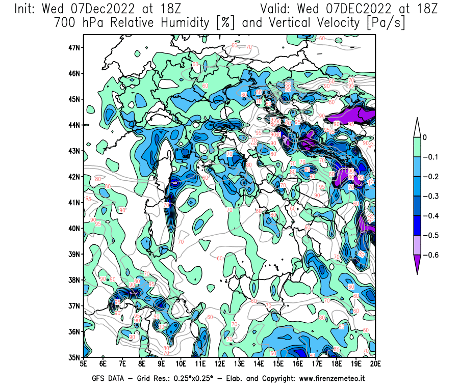 Mappa di analisi GFS - Umidità relativa [%] e Omega [Pa/s] a 700 hPa in Italia
							del 07/12/2022 18 <!--googleoff: index-->UTC<!--googleon: index-->