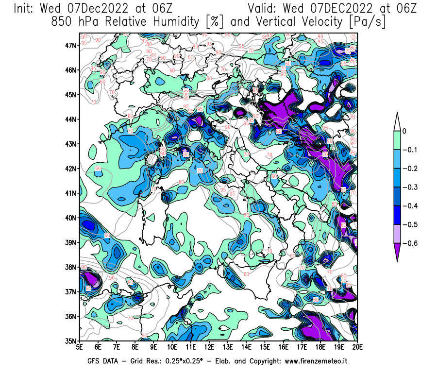 Mappa di analisi GFS - Umidità relativa [%] e Omega [Pa/s] a 850 hPa in Italia
							del 07/12/2022 06 <!--googleoff: index-->UTC<!--googleon: index-->