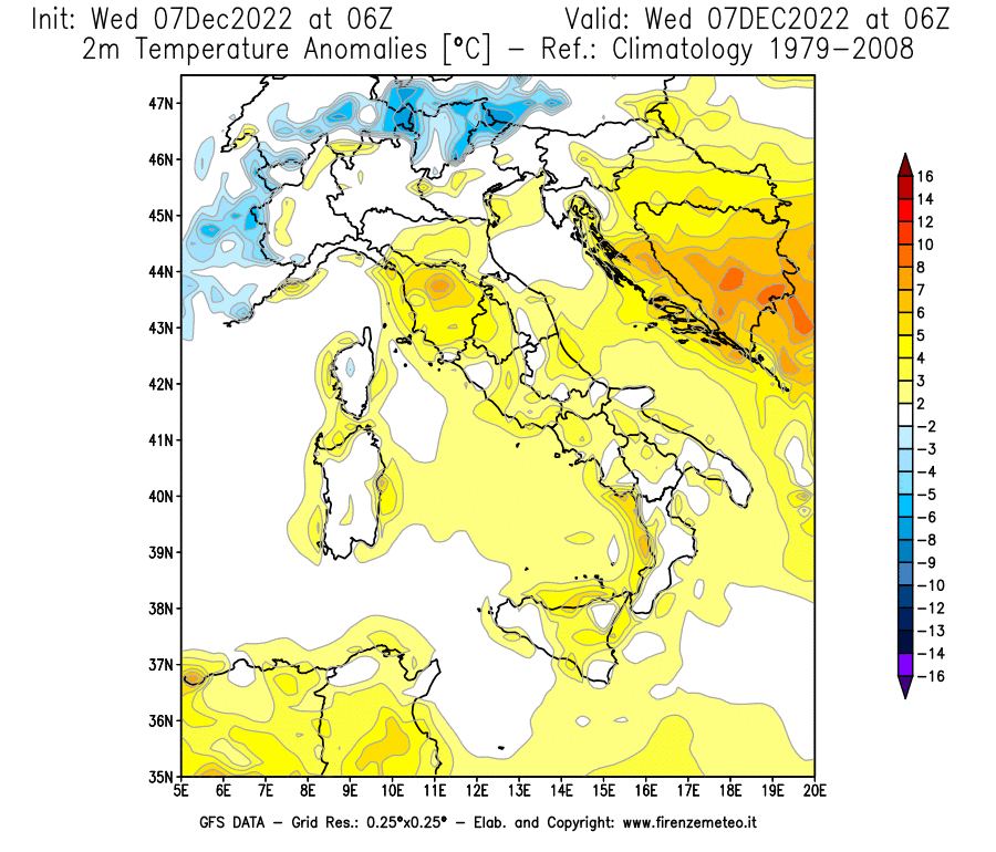 Mappa di analisi GFS - Anomalia Temperatura a 2 m in Italia
							del 7 dicembre 2022 z06