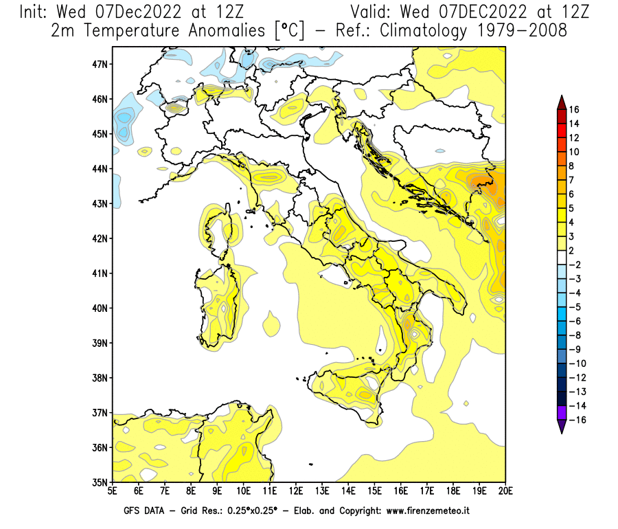 Mappa di analisi GFS - Anomalia Temperatura [°C] a 2 m in Italia
							del 07/12/2022 12 <!--googleoff: index-->UTC<!--googleon: index-->