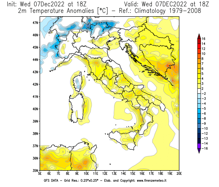 Mappa di analisi GFS - Anomalia Temperatura [°C] a 2 m in Italia
							del 07/12/2022 18 <!--googleoff: index-->UTC<!--googleon: index-->
