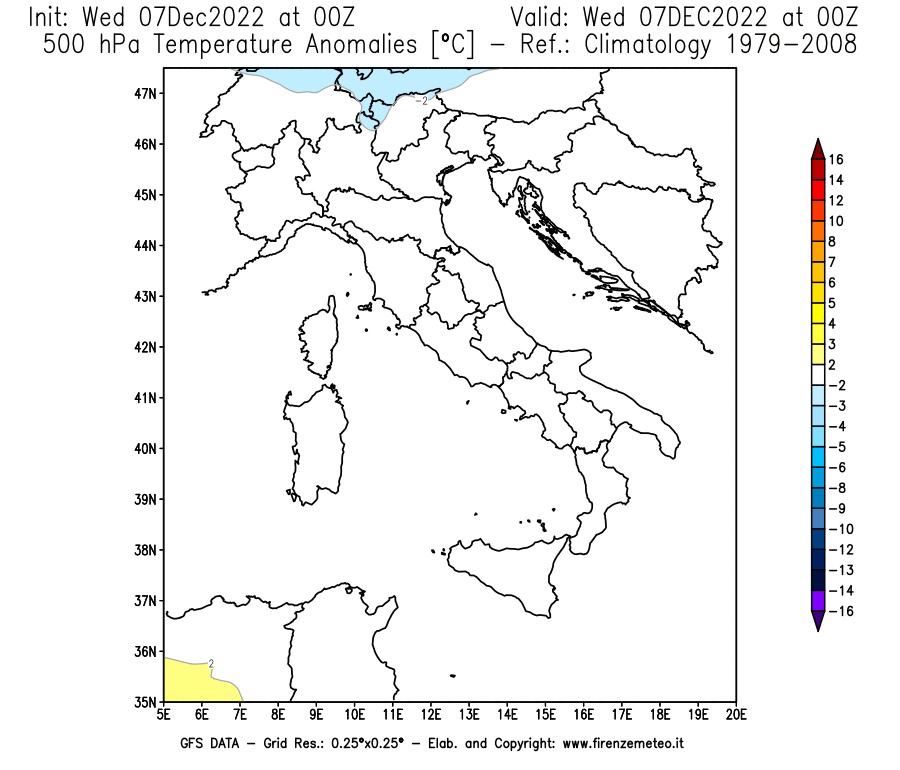 Mappa di analisi GFS - Anomalia Temperatura a 500 hPa in Italia
							del 7 dicembre 2022 z00