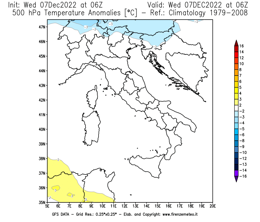 Mappa di analisi GFS - Anomalia Temperatura a 500 hPa in Italia
							del 7 dicembre 2022 z06