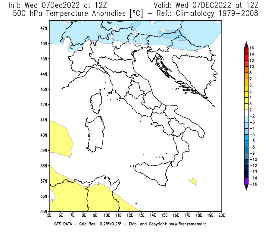 Mappa di analisi GFS - Anomalia Temperatura [°C] a 500 hPa in Italia
							del 07/12/2022 12 <!--googleoff: index-->UTC<!--googleon: index-->