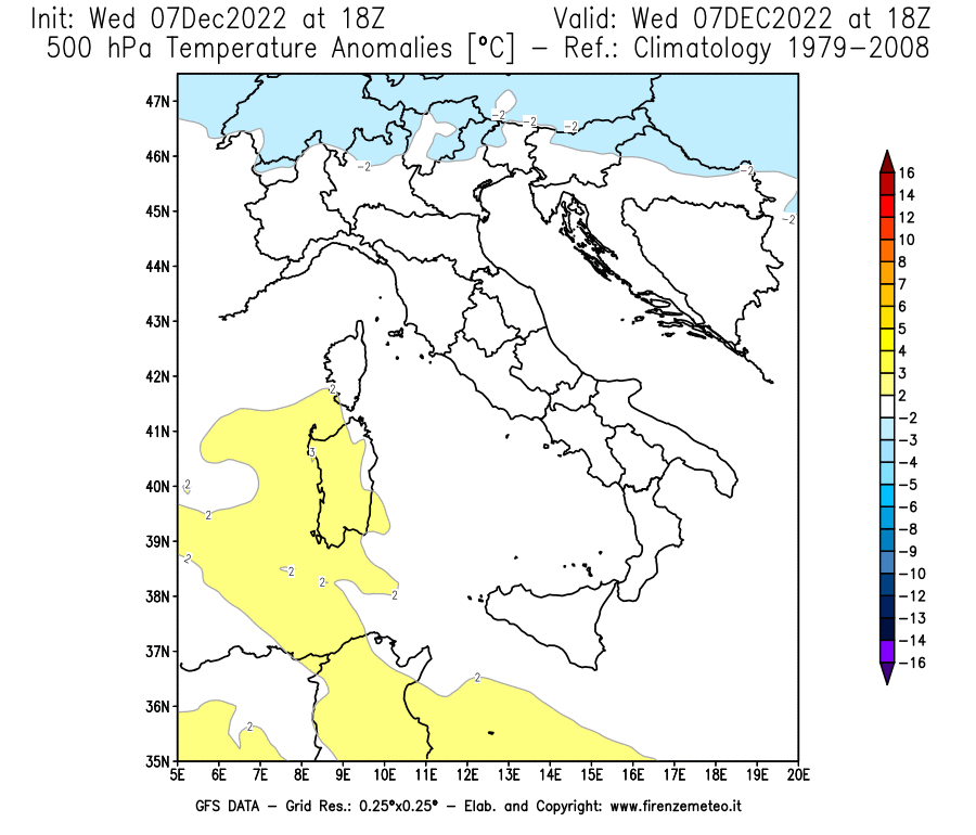 Mappa di analisi GFS - Anomalia Temperatura [°C] a 500 hPa in Italia
							del 07/12/2022 18 <!--googleoff: index-->UTC<!--googleon: index-->