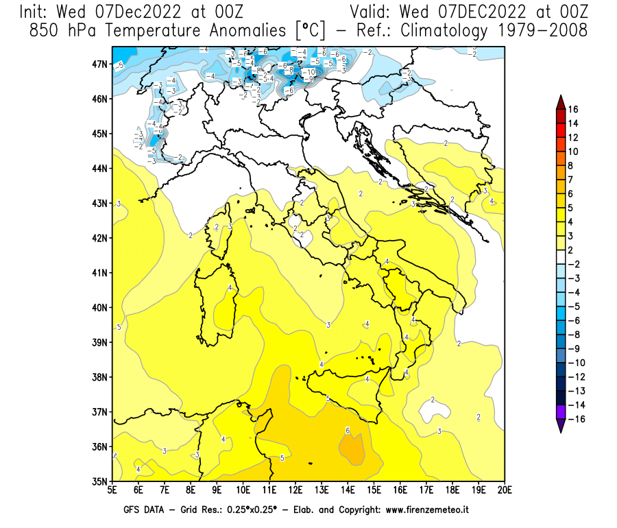 Mappa di analisi GFS - Anomalia Temperatura [°C] a 850 hPa in Italia
							del 07/12/2022 00 <!--googleoff: index-->UTC<!--googleon: index-->