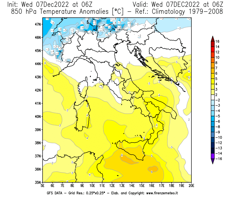 Mappa di analisi GFS - Anomalia Temperatura [°C] a 850 hPa in Italia
							del 07/12/2022 06 <!--googleoff: index-->UTC<!--googleon: index-->