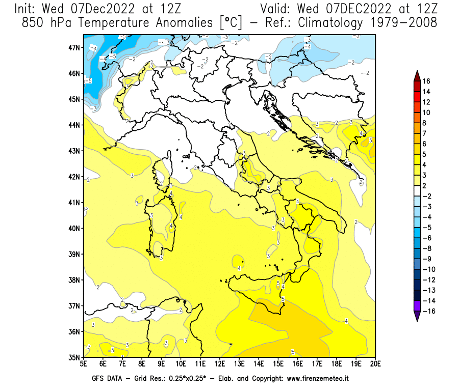 Mappa di analisi GFS - Anomalia Temperatura a 850 hPa in Italia
							del 7 dicembre 2022 z12