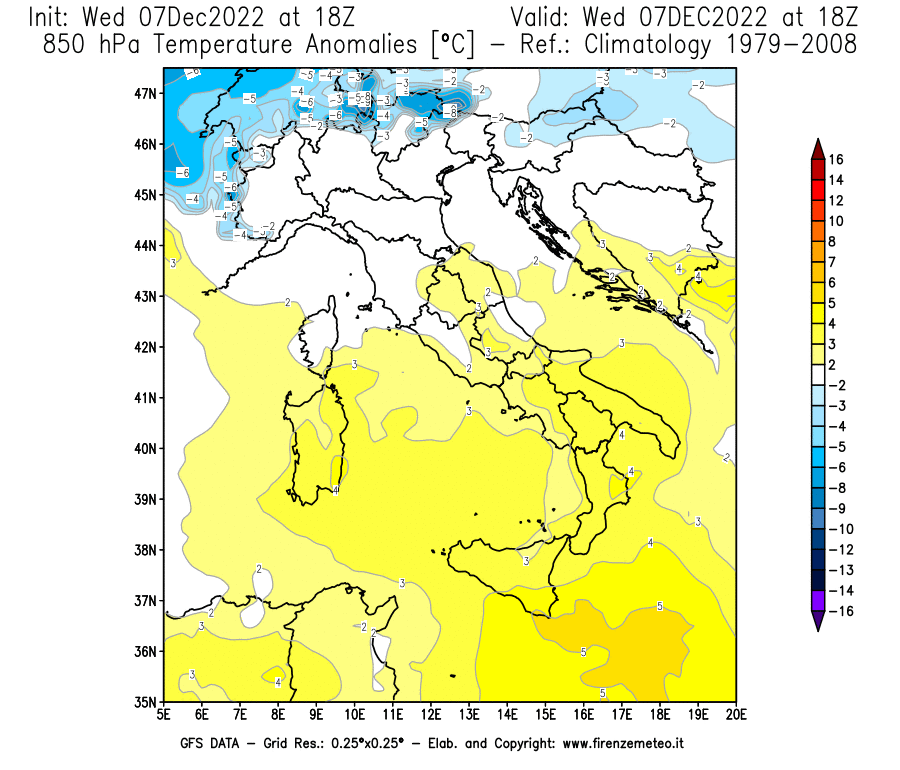 Mappa di analisi GFS - Anomalia Temperatura a 850 hPa in Italia
							del 7 dicembre 2022 z18