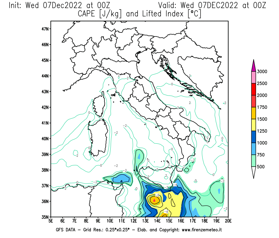 Mappa di analisi GFS - CAPE [J/kg] e Lifted Index [°C] in Italia
							del 07/12/2022 00 <!--googleoff: index-->UTC<!--googleon: index-->