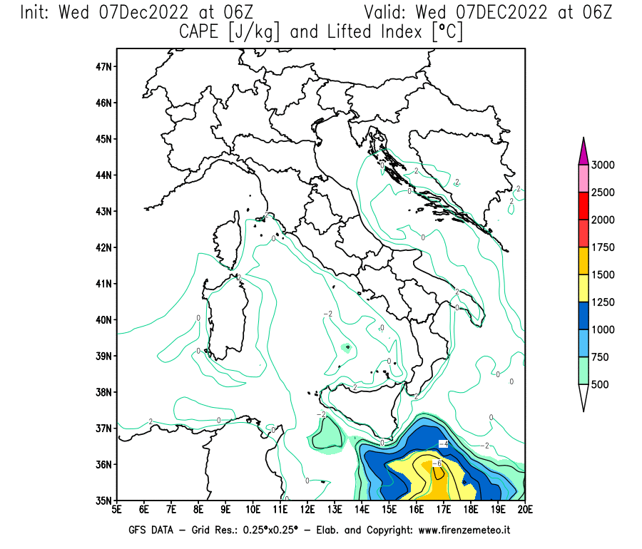 Mappa di analisi GFS - CAPE [J/kg] e Lifted Index [°C] in Italia
							del 07/12/2022 06 <!--googleoff: index-->UTC<!--googleon: index-->
