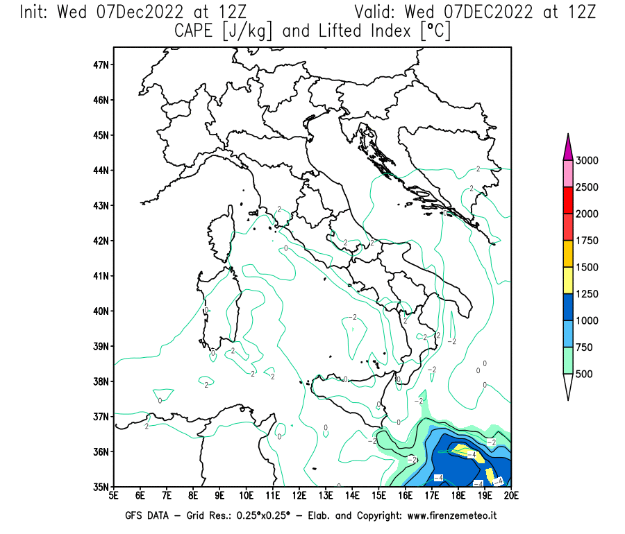 Mappa di analisi GFS - CAPE [J/kg] e Lifted Index [°C] in Italia
							del 07/12/2022 12 <!--googleoff: index-->UTC<!--googleon: index-->