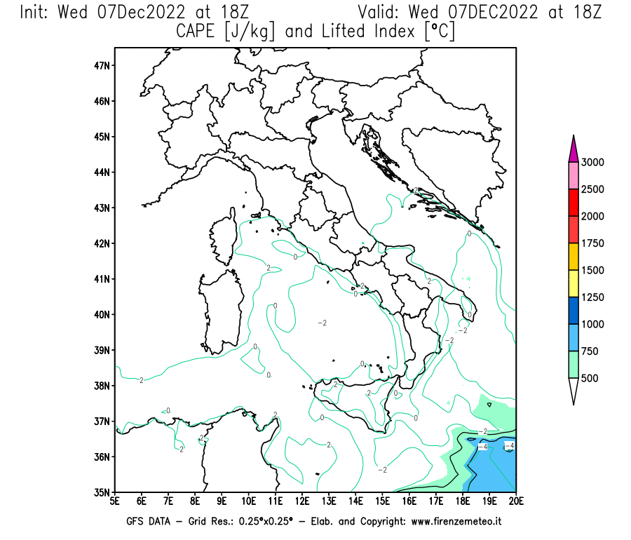 Mappa di analisi GFS - CAPE [J/kg] e Lifted Index [°C] in Italia
							del 07/12/2022 18 <!--googleoff: index-->UTC<!--googleon: index-->