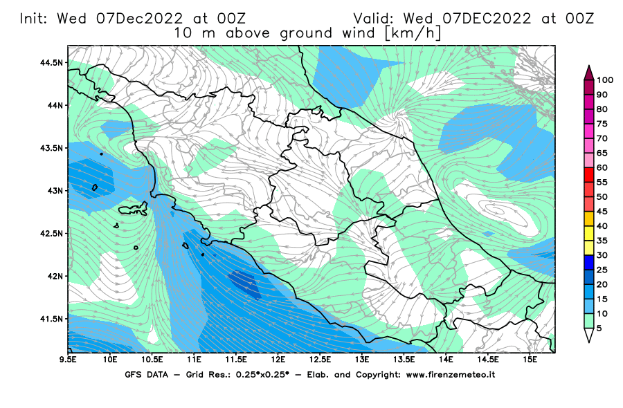 Mappa di analisi GFS - Velocità del vento a 10 metri dal suolo [km/h] in Centro-Italia
							del 07/12/2022 00 <!--googleoff: index-->UTC<!--googleon: index-->