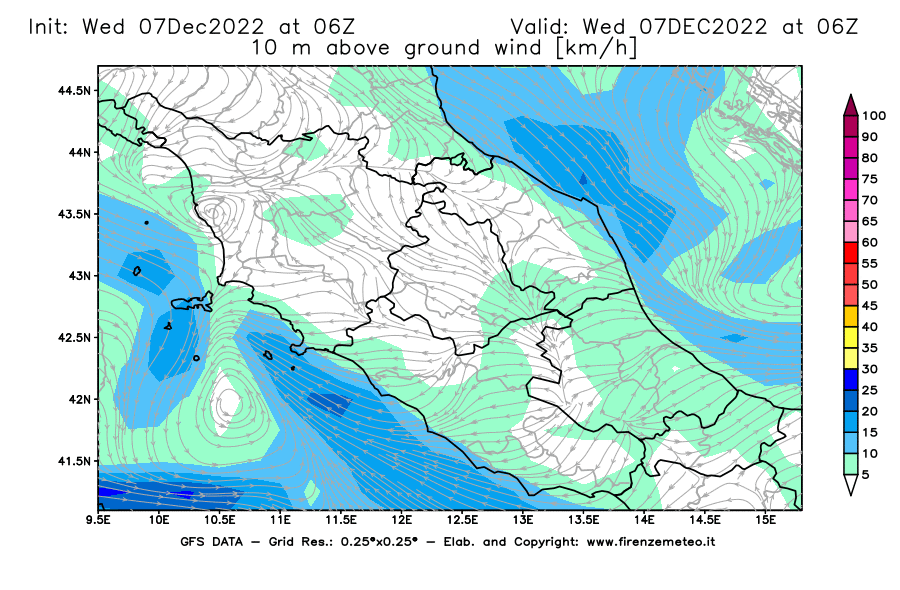 Mappa di analisi GFS - Velocità del vento a 10 metri dal suolo [km/h] in Centro-Italia
							del 07/12/2022 06 <!--googleoff: index-->UTC<!--googleon: index-->