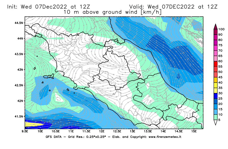 Mappa di analisi GFS - Velocità del vento a 10 metri dal suolo [km/h] in Centro-Italia
							del 07/12/2022 12 <!--googleoff: index-->UTC<!--googleon: index-->