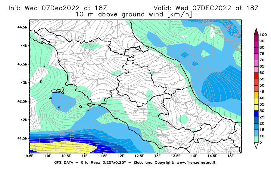 Mappa di analisi GFS - Velocità del vento a 10 metri dal suolo [km/h] in Centro-Italia
							del 07/12/2022 18 <!--googleoff: index-->UTC<!--googleon: index-->