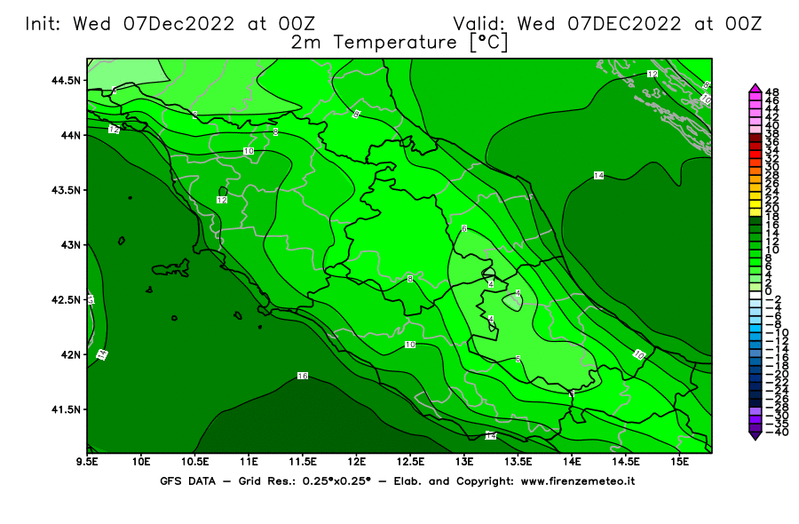 Mappa di analisi GFS - Temperatura a 2 metri dal suolo [°C] in Centro-Italia
							del 07/12/2022 00 <!--googleoff: index-->UTC<!--googleon: index-->