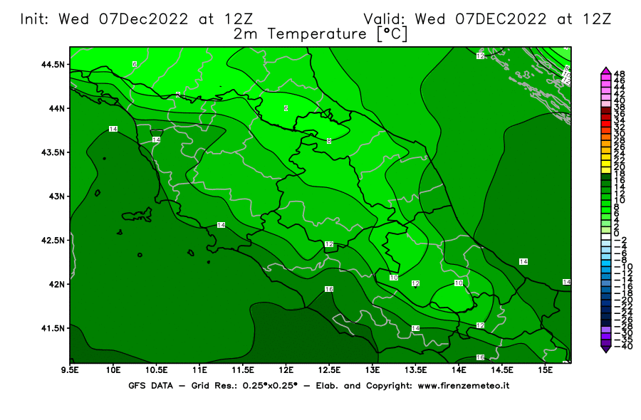 Mappa di analisi GFS - Temperatura a 2 metri dal suolo [°C] in Centro-Italia
							del 07/12/2022 12 <!--googleoff: index-->UTC<!--googleon: index-->