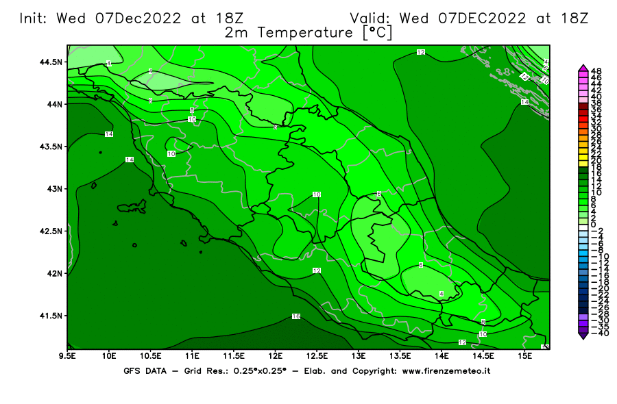 Mappa di analisi GFS - Temperatura a 2 metri dal suolo [°C] in Centro-Italia
							del 07/12/2022 18 <!--googleoff: index-->UTC<!--googleon: index-->