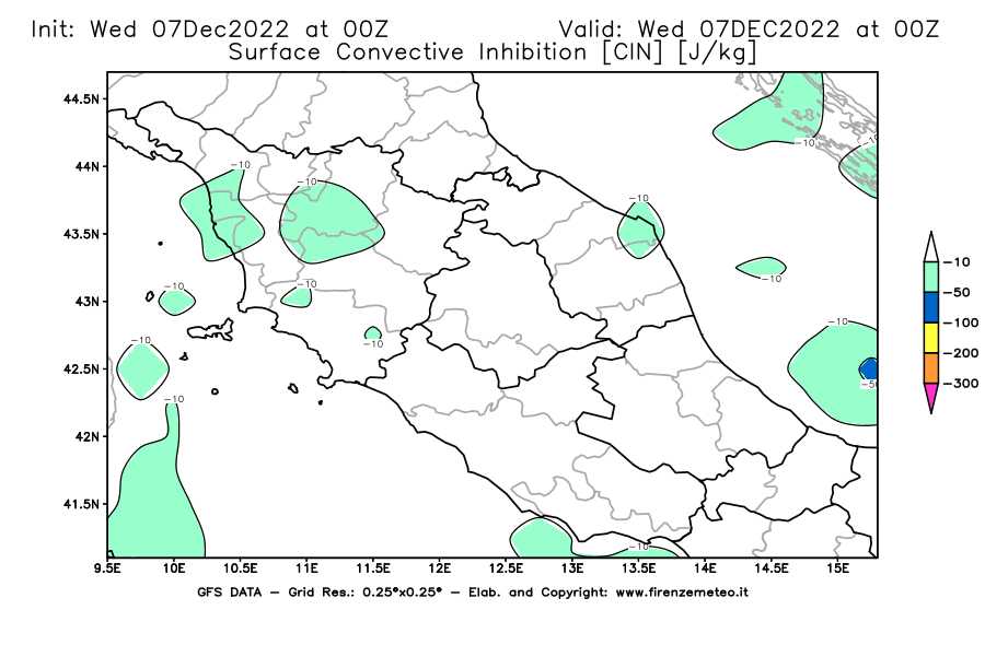 Mappa di analisi GFS - CIN [J/kg] in Centro-Italia
							del 07/12/2022 00 <!--googleoff: index-->UTC<!--googleon: index-->